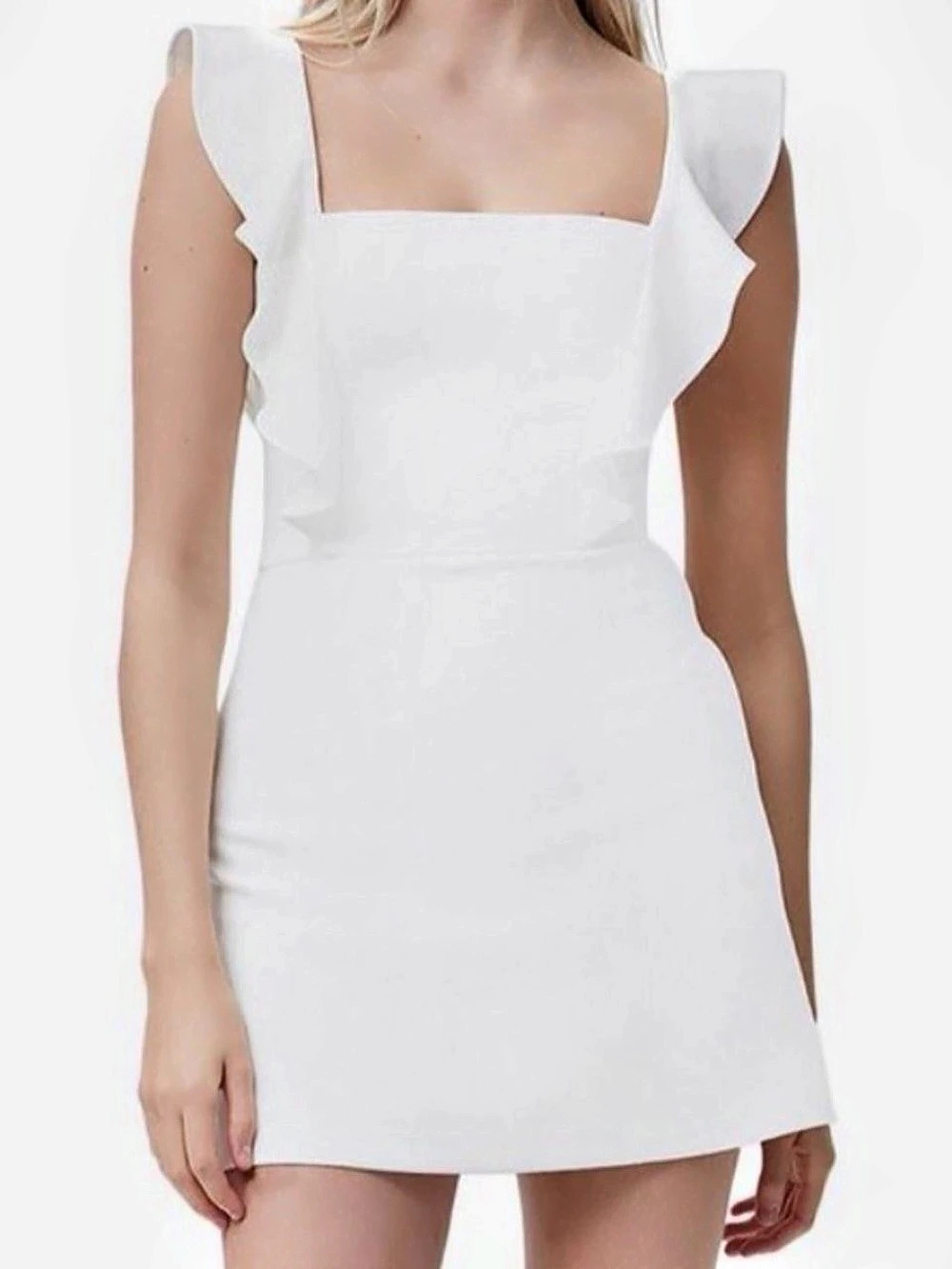 French Connection Whisper Square Neck Frill Hem Mini Dress Whisper Mini Dress